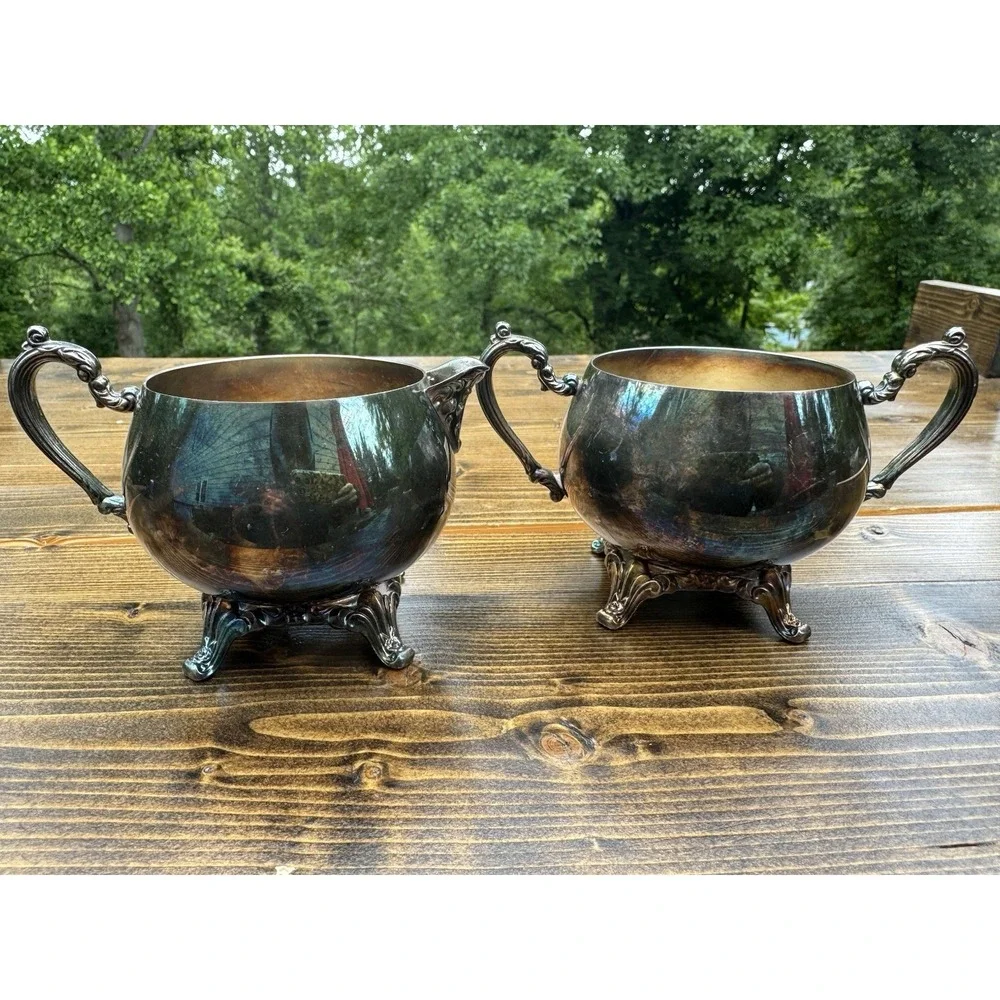 Vintage Oneida Silverplate Creamer Sugar Bowl Set Footed Ornate Handles